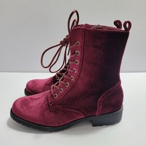 Velvet Lace-Up/ Zip-Up Boots - Deep Red